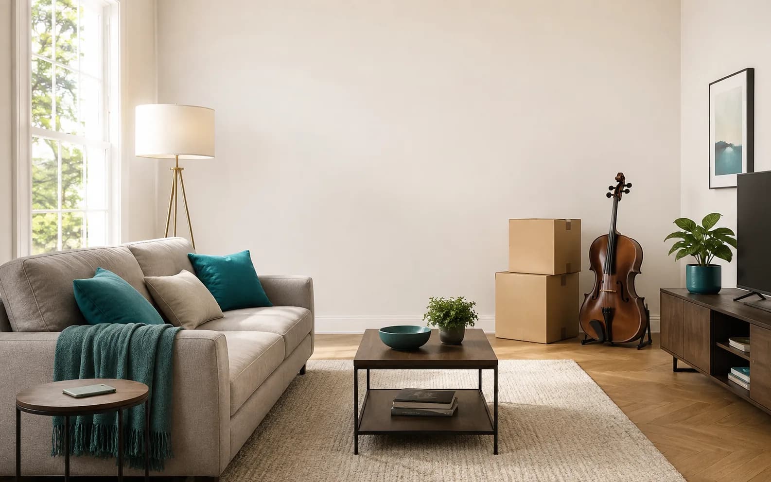 Illustrative living room walkthrough scene with a sofa, lamp, coffee table, television console, plant, boxes, and cello